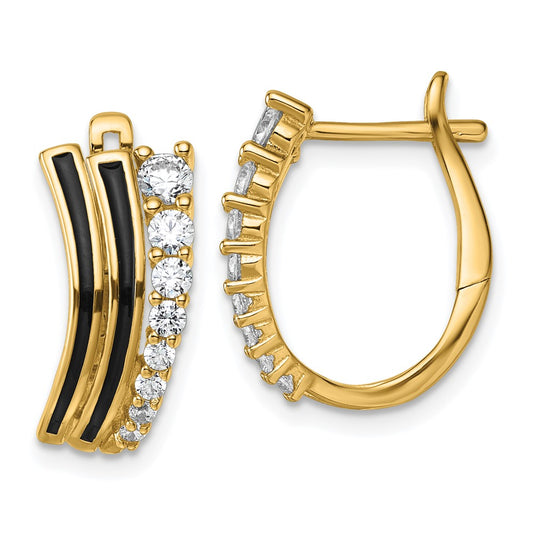 QG7171E Sterling Silver Gold-tone Black Enamel and CZ Hinged Hoop Earrings