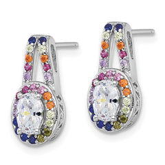 QG7174E Sterling Silver Rhodium-plated Polished Multi-color Rainbow CZ Oval Halo Post Earrings