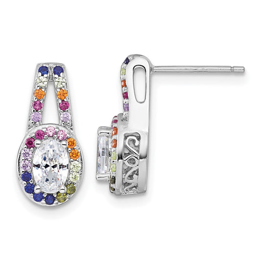 QG7174E Sterling Silver Rhodium-plated Polished Multi-color Rainbow CZ Oval Halo Post Earrings