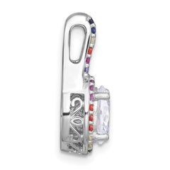 Sterling Silver Rhodium-plated Polished Multi-color Rainbow CZ Oval Halo Chain Slide Pendant QG7174P
