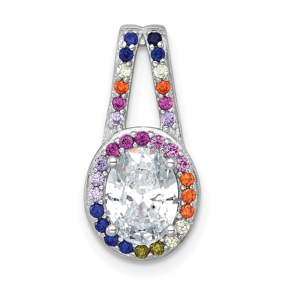 Sterling Silver Rhodium-plated Polished Multi-color Rainbow CZ Oval Halo Chain Slide Pendant QG7174P