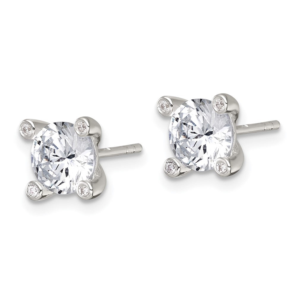 QG7175E Sterling Silver Polished CZ with 4 CZ Prongs Post Earrings
