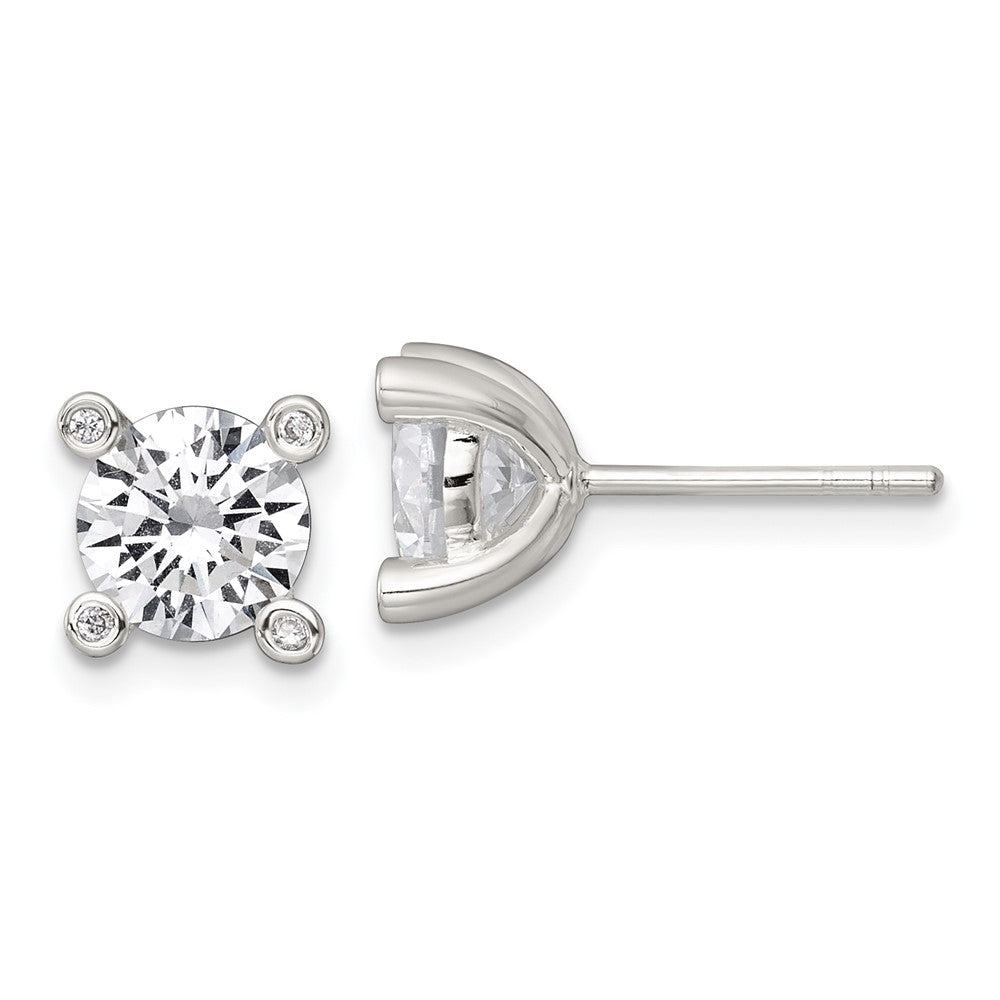 QG7175E Sterling Silver Polished CZ with 4 CZ Prongs Post Earrings