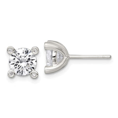 QG7175E Sterling Silver Polished CZ with 4 CZ Prongs Post Earrings