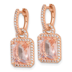 QG7176E Sterling Silver Rose-tone Polished Pink Glass Stone and CZ Halo Removable Dangle on Round Hinged Hoop Earrings