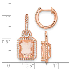 QG7176E Sterling Silver Rose-tone Polished Pink Glass Stone and CZ Halo Removable Dangle on Round Hinged Hoop Earrings