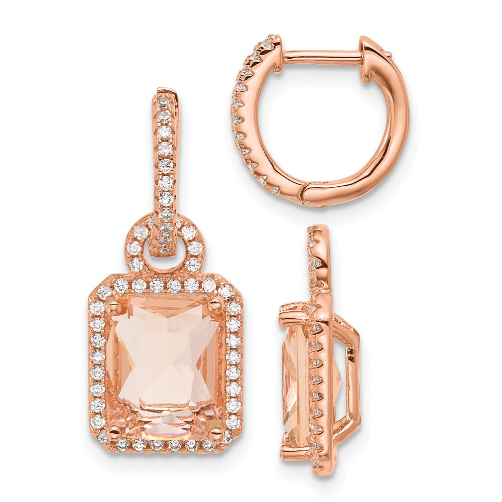 QG7176E Sterling Silver Rose-tone Polished Pink Glass Stone and CZ Halo Removable Dangle on Round Hinged Hoop Earrings