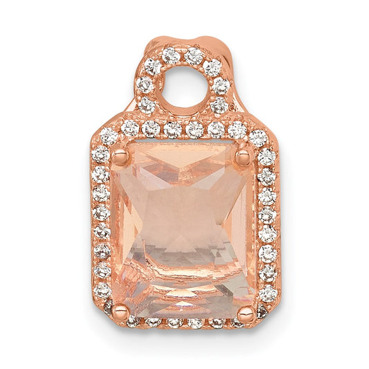 Sterling Silver Rose-tone Polished Pink Glass Stone and CZ Halo Chain Slide Pendant QG7176P