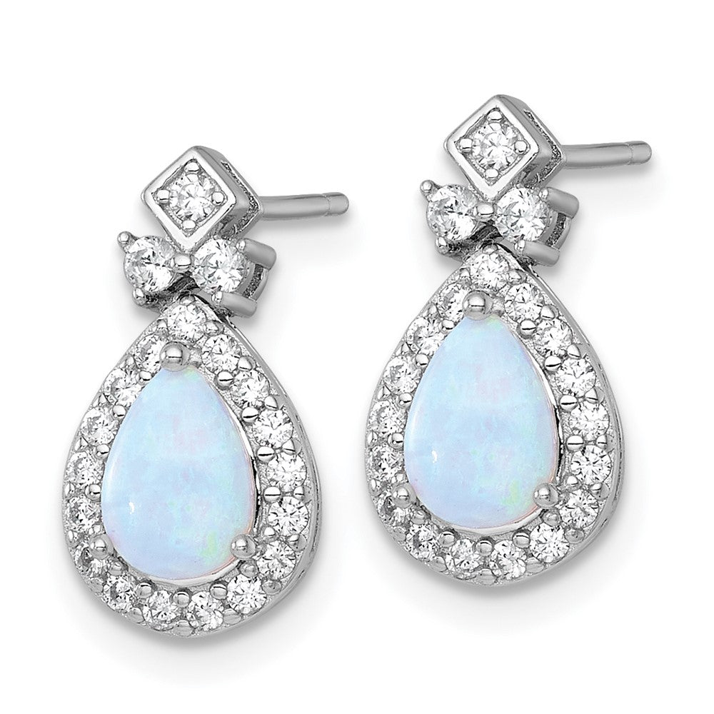 QG7177E Sterling Silver Rhodium-plated Polished Lab Created Opal and CZ Teardrop Halo Dangle Post Earrings