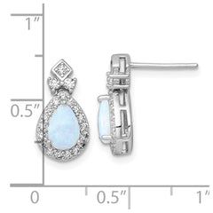 QG7177E Sterling Silver Rhodium-plated Polished Lab Created Opal and CZ Teardrop Halo Dangle Post Earrings