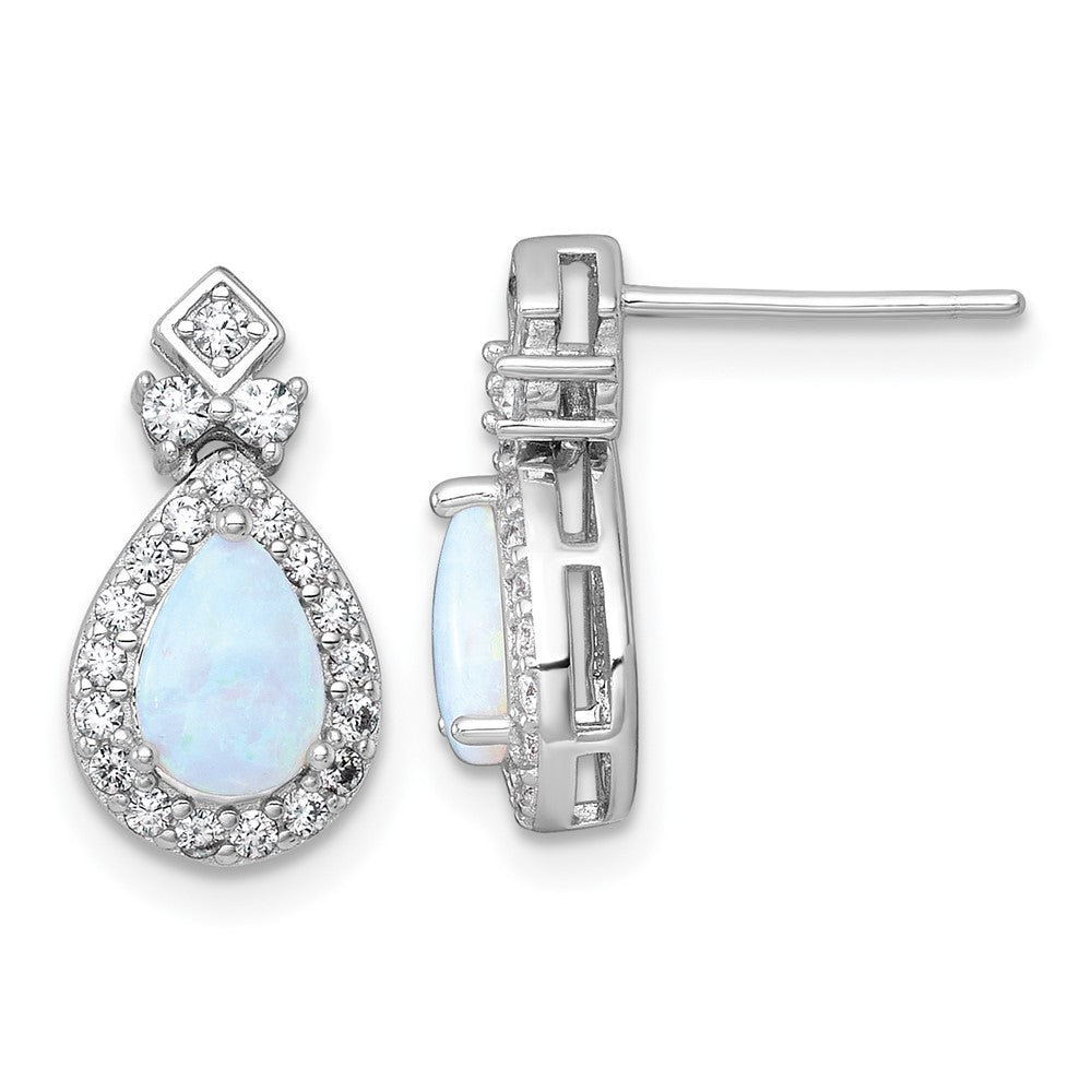 QG7177E Sterling Silver Rhodium-plated Polished Lab Created Opal and CZ Teardrop Halo Dangle Post Earrings