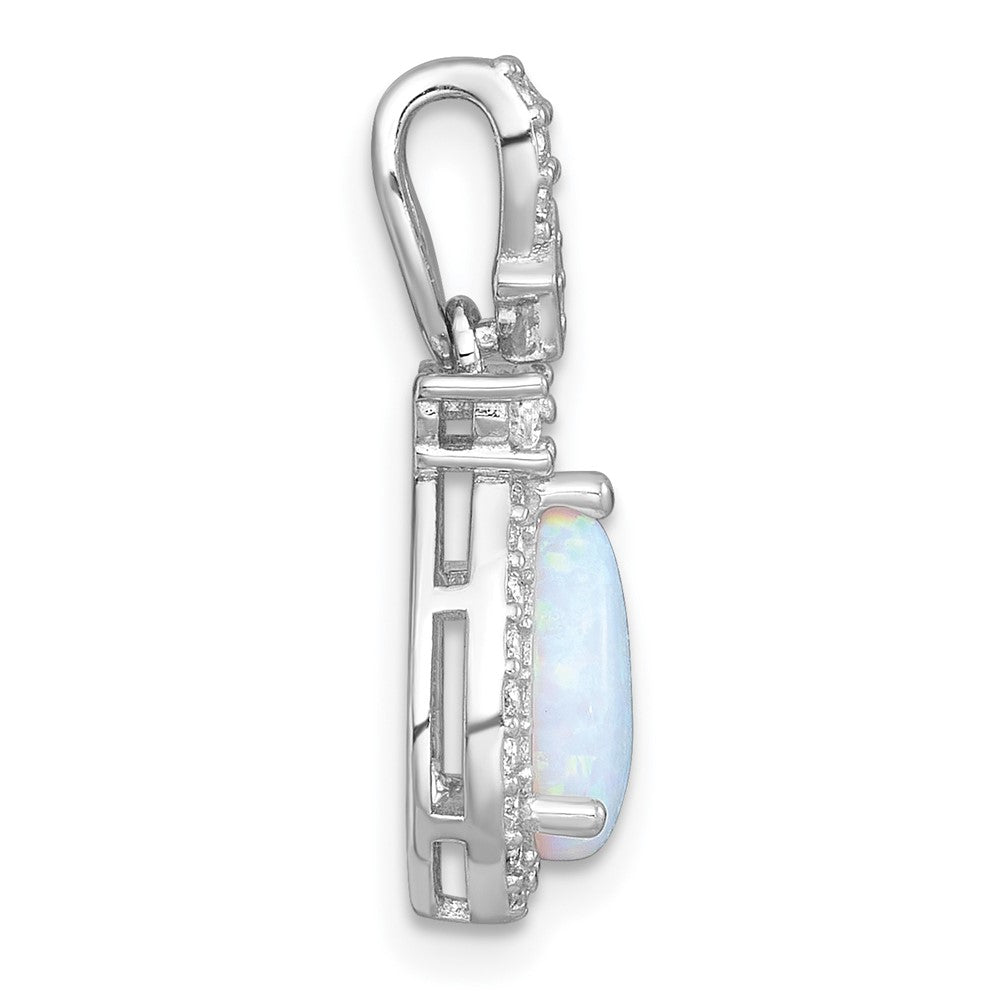 Sterling Silver Rhodium-plated Polished Lab Created Opal and CZ Teardrop Halo Chain Slide Pendant QG7177P