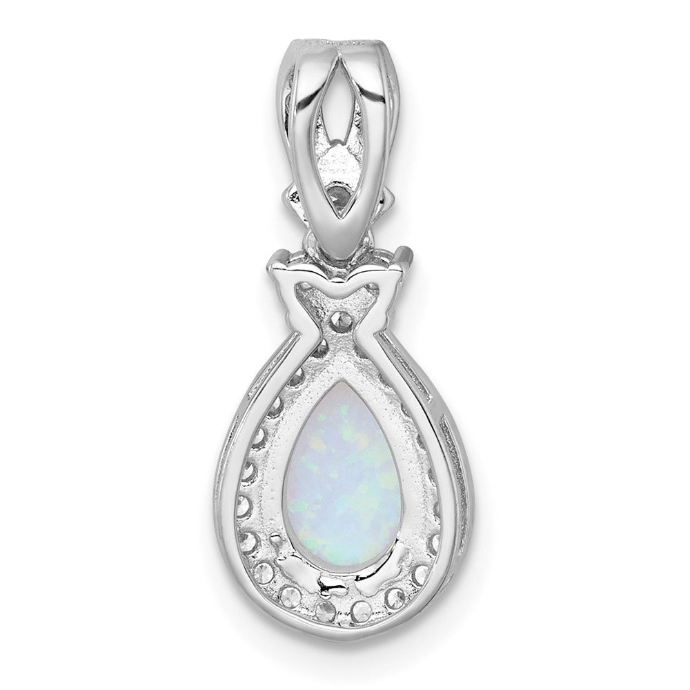 Sterling Silver Rhodium-plated Polished Lab Created Opal and CZ Teardrop Halo Chain Slide Pendant QG7177P