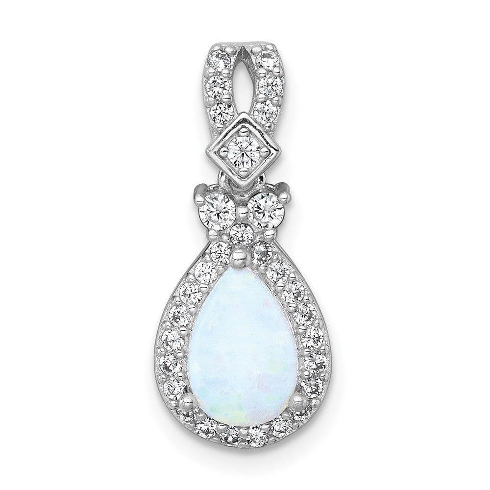 Sterling Silver Rhodium-plated Polished Lab Created Opal and CZ Teardrop Halo Chain Slide Pendant QG7177P