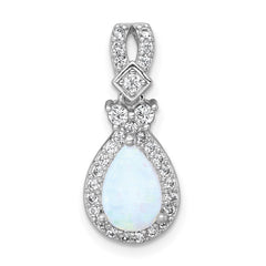 Sterling Silver Rhodium-plated Polished Lab Created Opal and CZ Teardrop Halo Chain Slide Pendant QG7177P