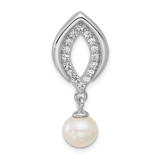 Sterling Silver Rhodium-plated Polished CZ and 6-7mm Freshwater Cultured Pearl Dangle Chain Slide Pendant QG7178P