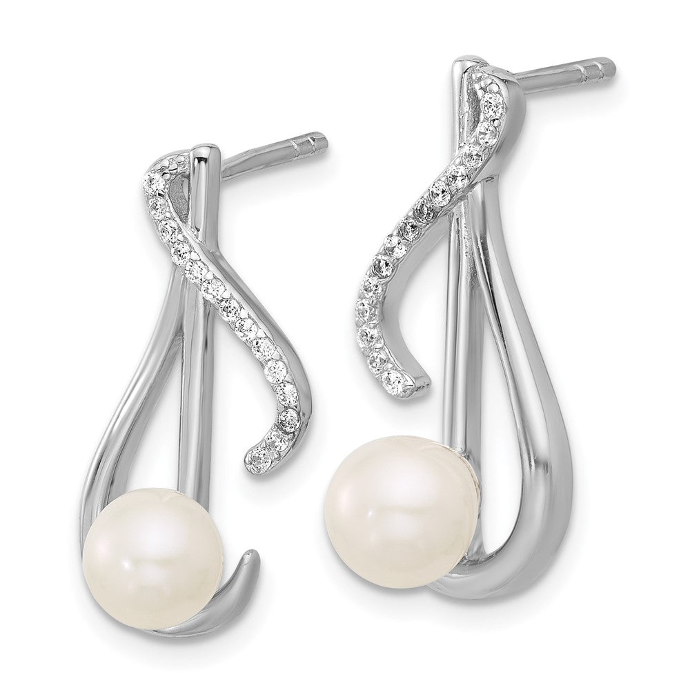 QG7179E Sterling Silver Rhodium-plated Polished CZ and 5-6mm Freshwater Cultured Pearl Swirl Post Earrings