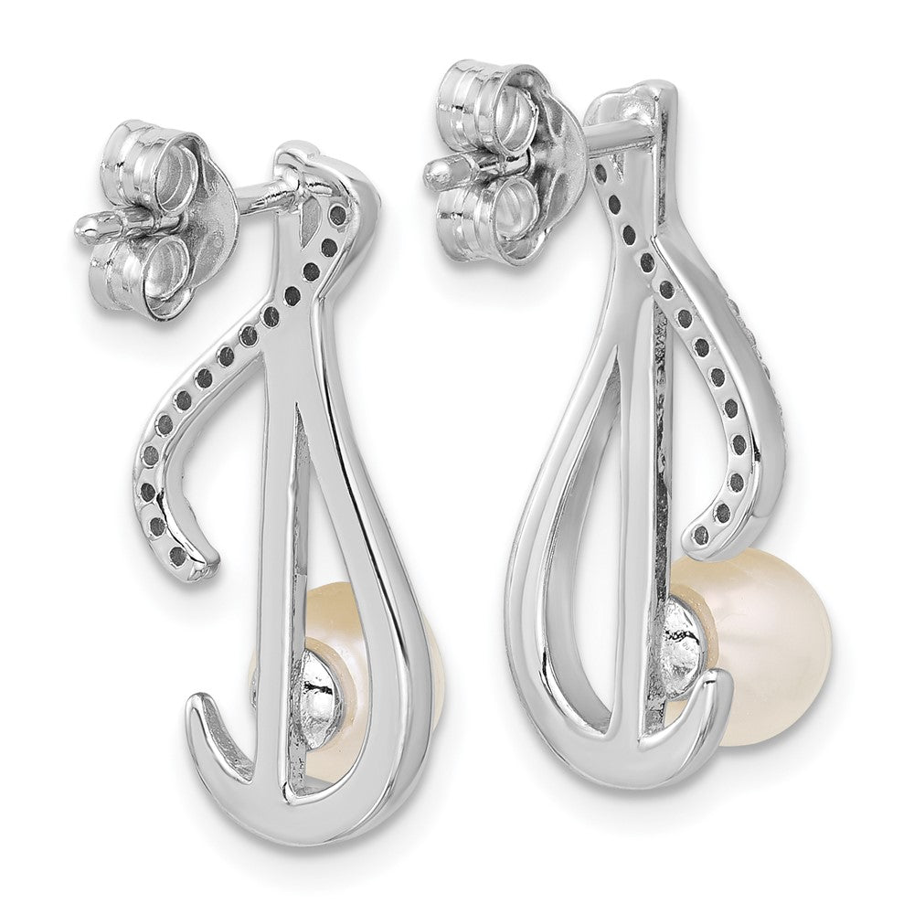 QG7179E Sterling Silver Rhodium-plated Polished CZ and 5-6mm Freshwater Cultured Pearl Swirl Post Earrings