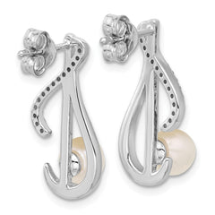 QG7179E Sterling Silver Rhodium-plated Polished CZ and 5-6mm Freshwater Cultured Pearl Swirl Post Earrings