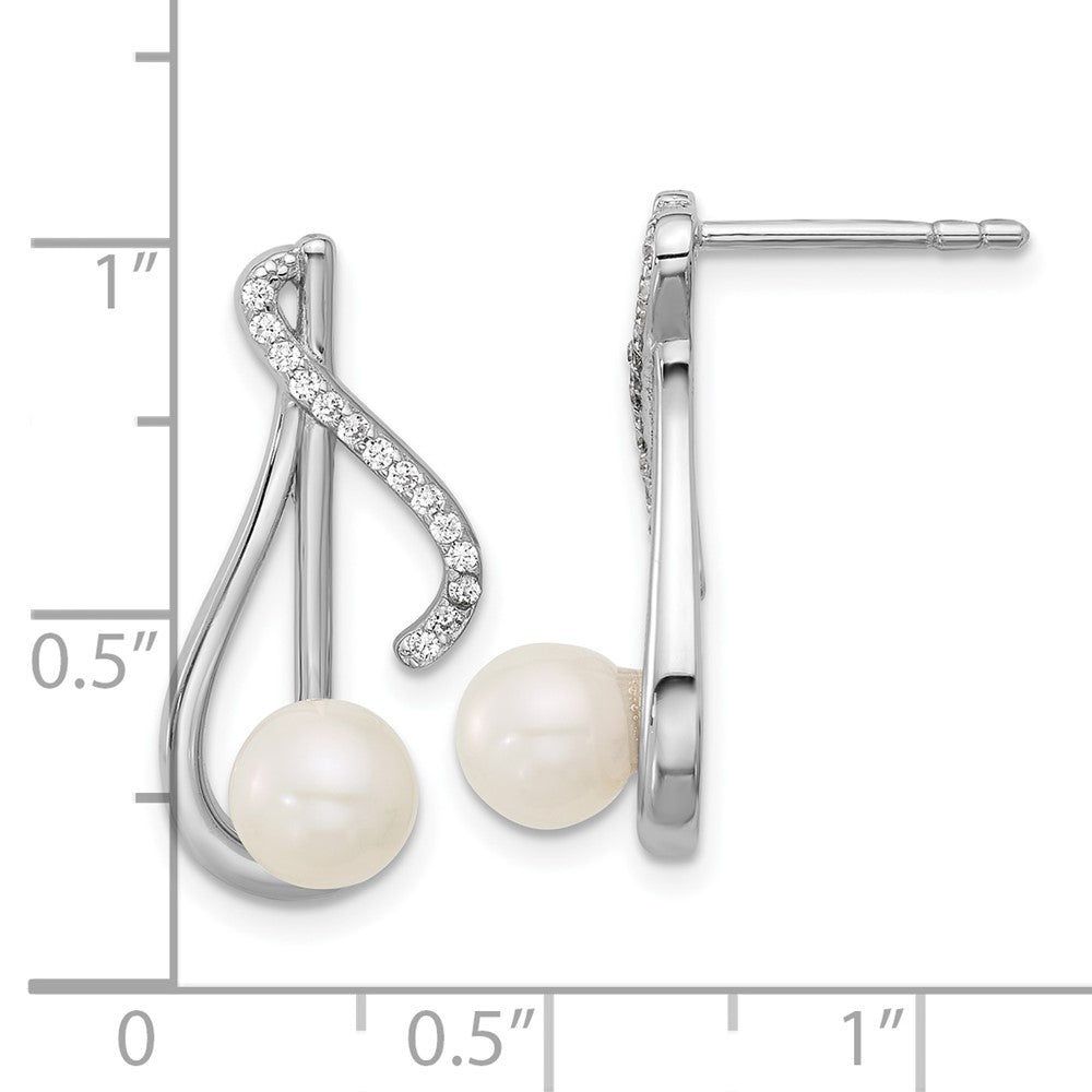 QG7179E Sterling Silver Rhodium-plated Polished CZ and 5-6mm Freshwater Cultured Pearl Swirl Post Earrings