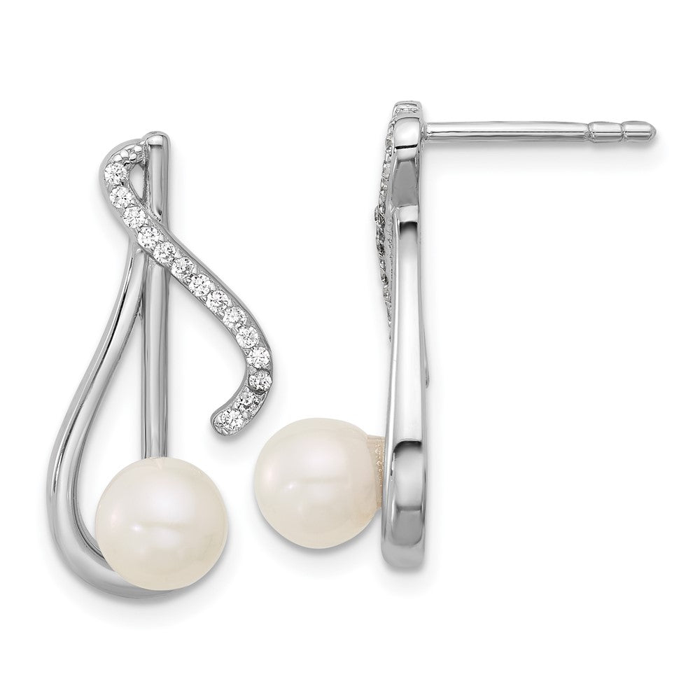 QG7179E Sterling Silver Rhodium-plated Polished CZ and 5-6mm Freshwater Cultured Pearl Swirl Post Earrings