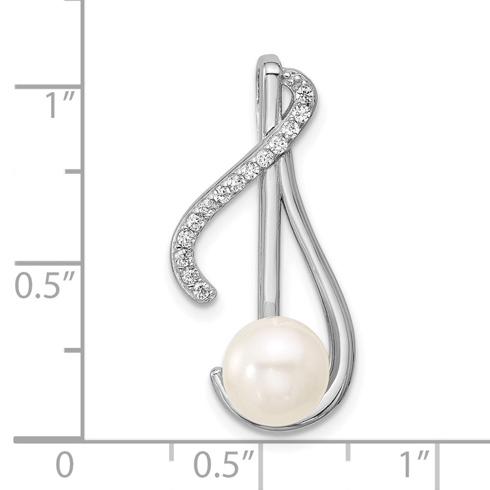 Sterling Silver Rhodium-plated Polished CZ and 6-7mm Freshwater Cultured Pearl Swirl Chain Slide Pendant QG7179P