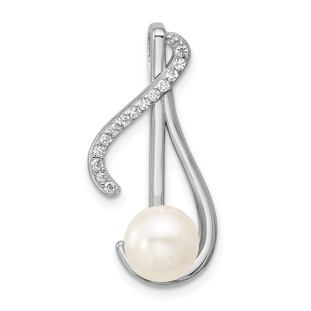 Sterling Silver Rhodium-plated Polished CZ and 6-7mm Freshwater Cultured Pearl Swirl Chain Slide Pendant QG7179P