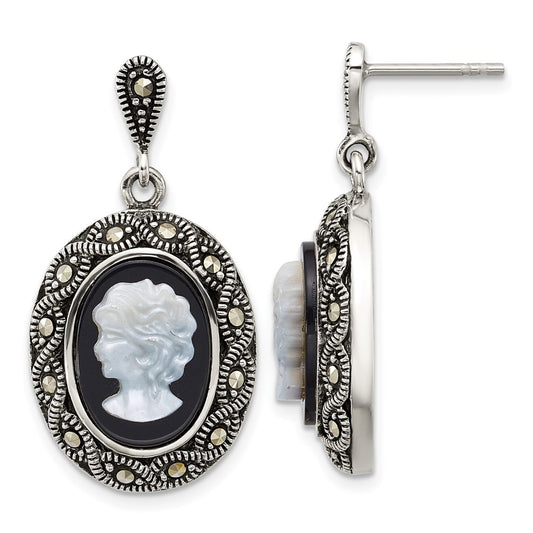 QG7180E Sterling Silver Antiqued Marcasite with Black Agate and Mother of Pearl Cameo Dangle Post Earrings