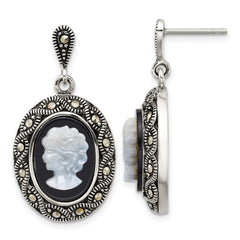 QG7180E Sterling Silver Antiqued Marcasite with Black Agate and Mother of Pearl Cameo Dangle Post Earrings