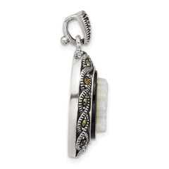 Sterling Silver Antiqued Marcasite with Black Agate and Mother of Pearl Cameo Pendant QG7180P