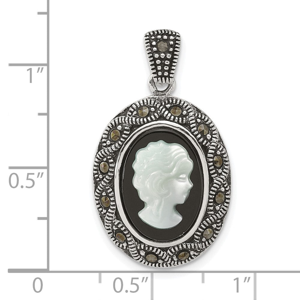 Sterling Silver Antiqued Marcasite with Black Agate and Mother of Pearl Cameo Pendant QG7180P