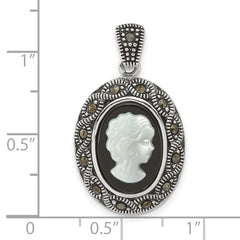 Sterling Silver Antiqued Marcasite with Black Agate and Mother of Pearl Cameo Pendant QG7180P