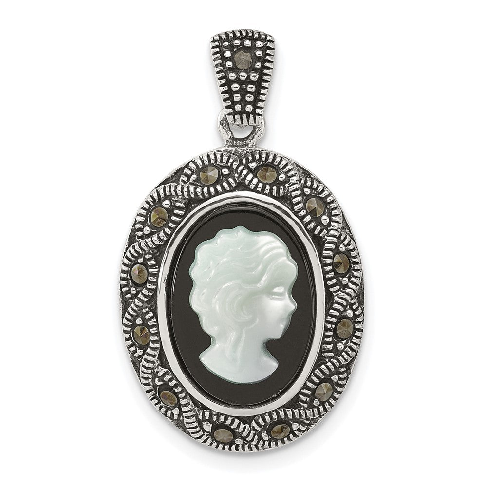 Sterling Silver Antiqued Marcasite with Black Agate and Mother of Pearl Cameo Pendant QG7180P