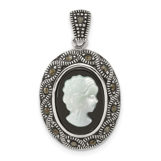 Sterling Silver Antiqued Marcasite with Black Agate and Mother of Pearl Cameo Pendant QG7180P