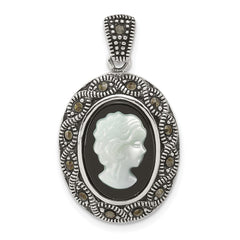Sterling Silver Antiqued Marcasite with Black Agate and Mother of Pearl Cameo Pendant QG7180P