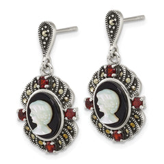QG7181E Sterling Silver Antiqued Marcasite and Garnet with Black Agate and Mother of Pearl Cameo Dangle Post Earrings