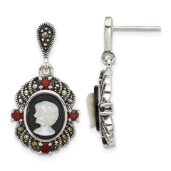 QG7181E Sterling Silver Antiqued Marcasite and Garnet with Black Agate and Mother of Pearl Cameo Dangle Post Earrings