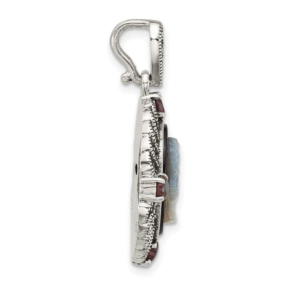 Sterling Silver Antiqued Marcasite and Garnet with Black Agate and Mother of Pearl Cameo Pendant QG7181P