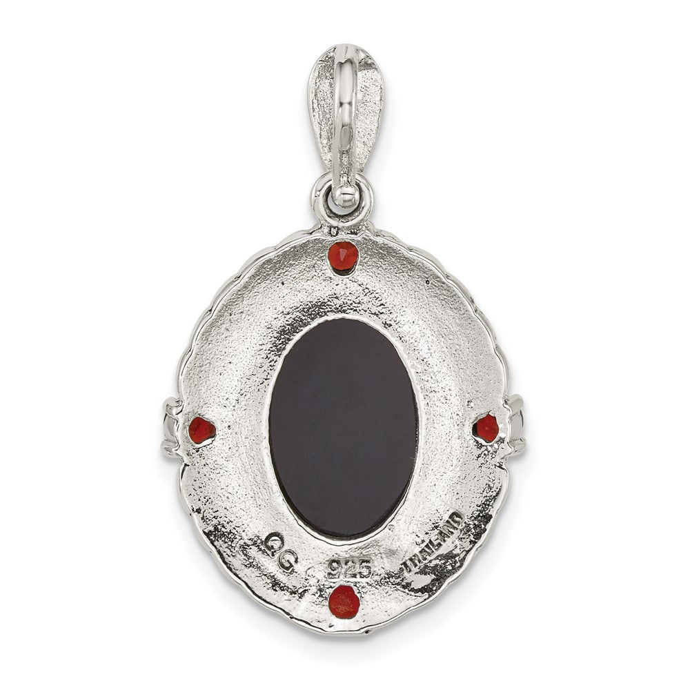 Sterling Silver Antiqued Marcasite and Garnet with Black Agate and Mother of Pearl Cameo Pendant QG7181P