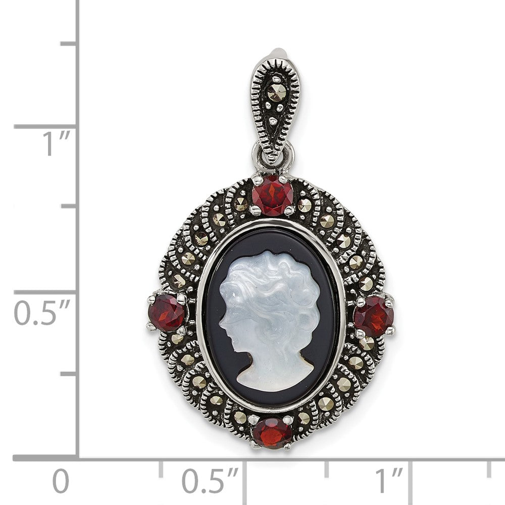 Sterling Silver Antiqued Marcasite and Garnet with Black Agate and Mother of Pearl Cameo Pendant QG7181P