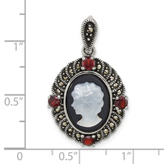 Sterling Silver Antiqued Marcasite and Garnet with Black Agate and Mother of Pearl Cameo Pendant QG7181P