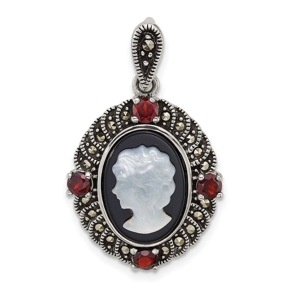 Sterling Silver Antiqued Marcasite and Garnet with Black Agate and Mother of Pearl Cameo Pendant QG7181P