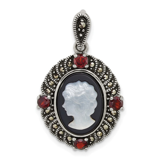 Sterling Silver Antiqued Marcasite and Garnet with Black Agate and Mother of Pearl Cameo Pendant QG7181P