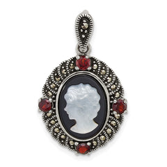 Sterling Silver Antiqued Marcasite and Garnet with Black Agate and Mother of Pearl Cameo Pendant QG7181P