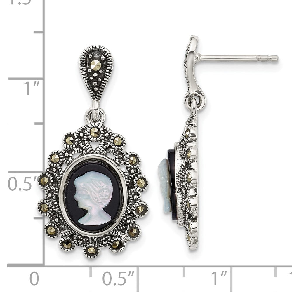 QG7182E Sterling Silver Antiqued Marcasite with Black Agate and Mother of Pearl Cameo Dangle Post Earrings