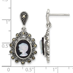 QG7182E Sterling Silver Antiqued Marcasite with Black Agate and Mother of Pearl Cameo Dangle Post Earrings