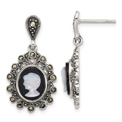 QG7182E Sterling Silver Antiqued Marcasite with Black Agate and Mother of Pearl Cameo Dangle Post Earrings