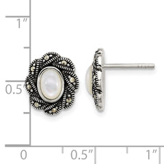 QG7183E Sterling Silver Antiqued Marcasite and Mother of Pearl Oval Fancy Post Earrings