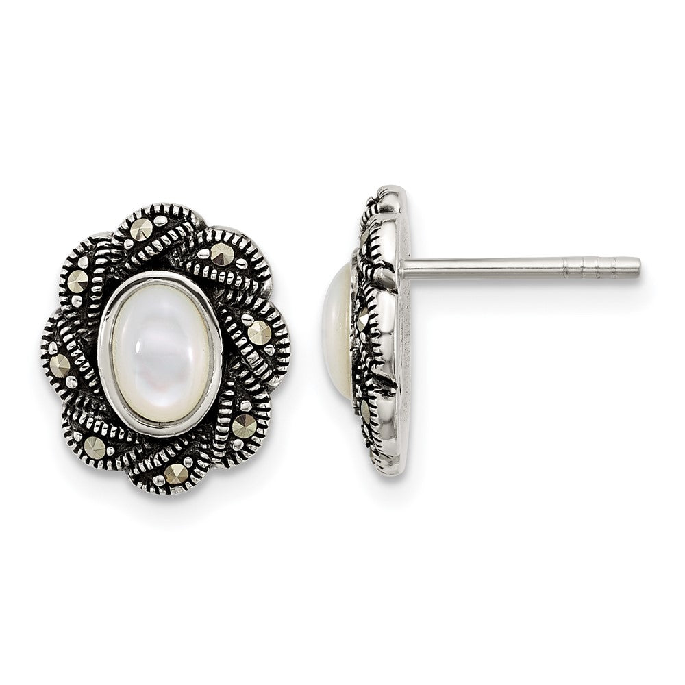 QG7183E Sterling Silver Antiqued Marcasite and Mother of Pearl Oval Fancy Post Earrings