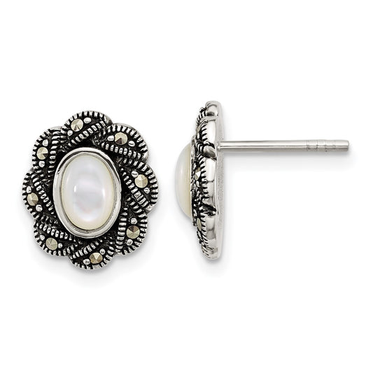 QG7183E Sterling Silver Antiqued Marcasite and Mother of Pearl Oval Fancy Post Earrings